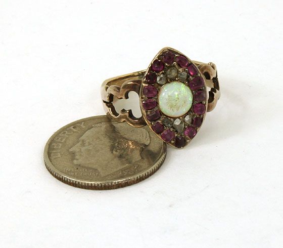 ANTIQUE VICTORIAN 14K GOLD, OPAL & RUBIES BAND RING  