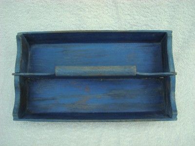 Vintage Antique Wood Knife Cutlery Utility Tray Box in Old Blue Paint 