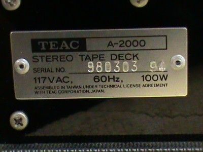 FOR YOUR CONSIDERATIONS AND BIDS Vintage TEAC A 2000 Stereo Tape 