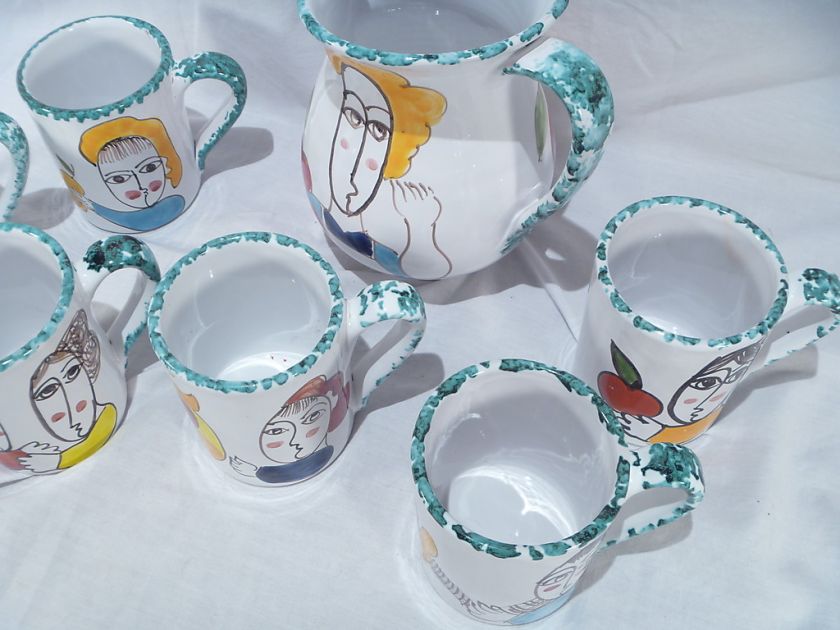 UNIQUE ITALY MAJOLICA PITCHER 6 MUG SET SANTO STEFANO DI CAMASTRA 