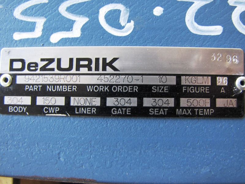 USED DEZURIK KNIFE GATE VALVE, SIZE 10  